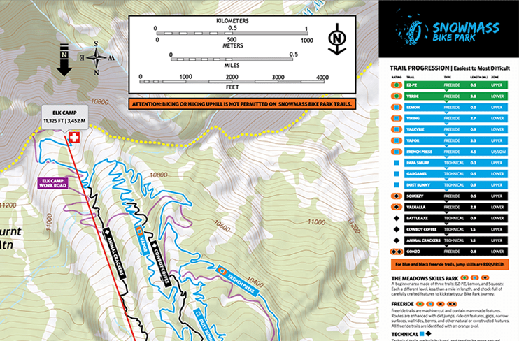 Snowmass Bike Park Map, trail guide on the right hand side, top of trails on lefthand side