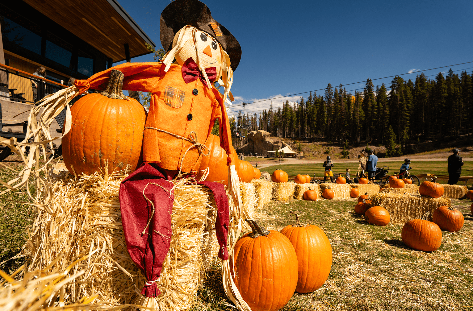 A scarecrow in an orange shirt sits on a bail of hay, surrounded by pumpkins during Snowmass Fall Fest