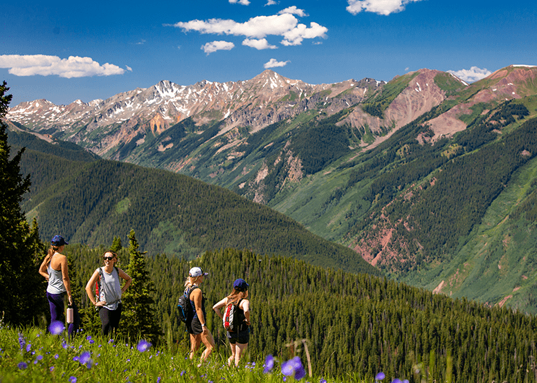 Group of hikers stand at the top of Aspen Mountain, looking out at the mountain range, on an ACES wildflower tour