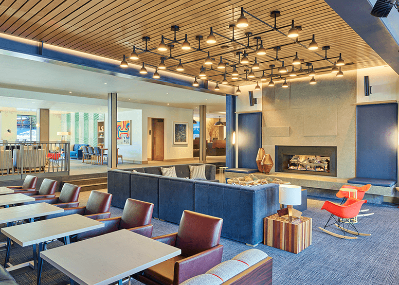 Limelight snowmass lobby, couches and seating areas for guests to eat