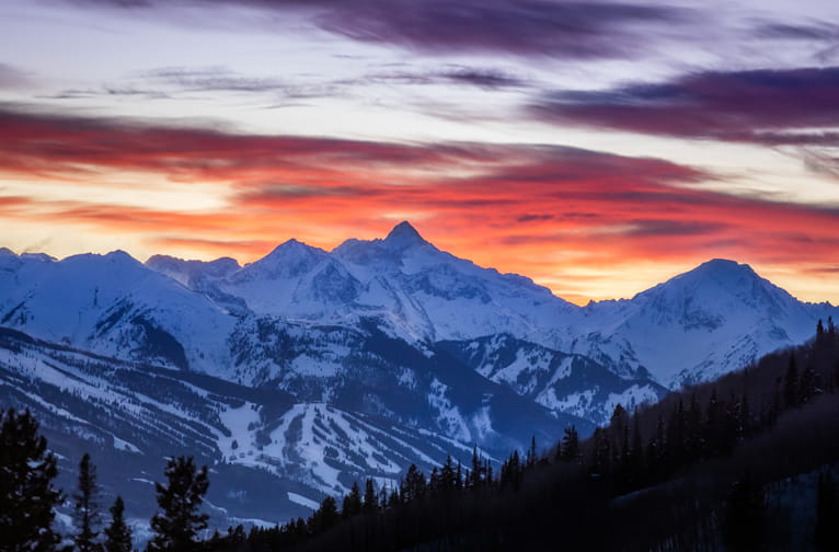 Sunset over the Elk Mountains and the Snowmass ski area