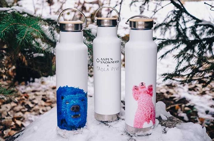 Water bottles with the artwork of Paola Pivi on them