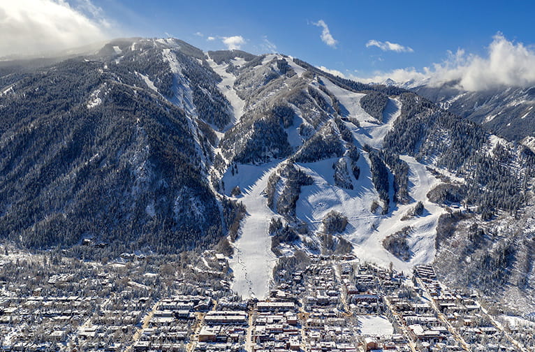 Aerial view of downtown Aspen and Aspen Mountain.