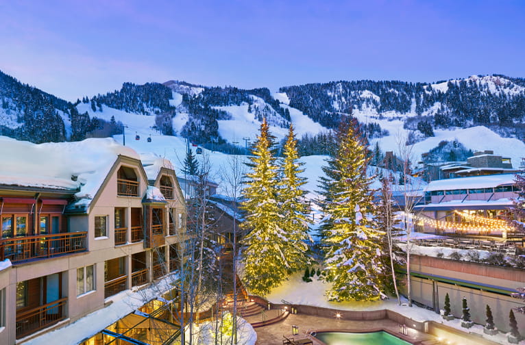 View of dusk over Aspen Mountain and the Little Nell