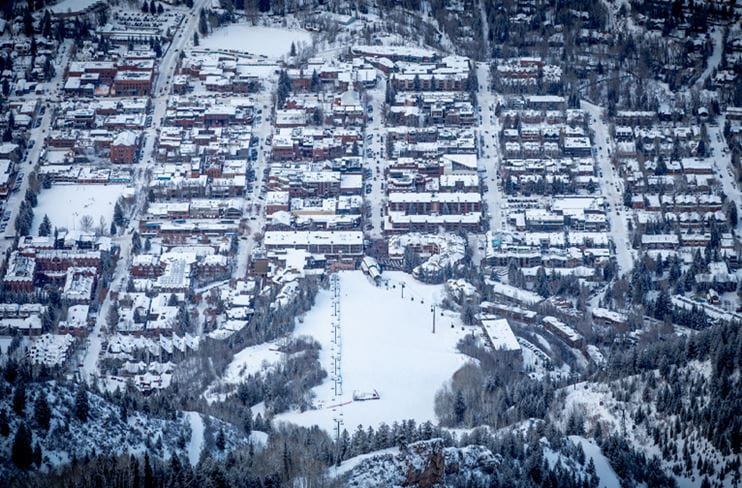Aerial view of downtown Aspen after a winter storm