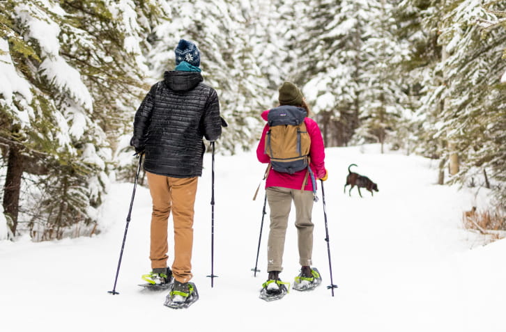 Two people snowshoeing in the trees on snow