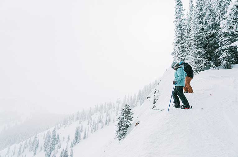 Two skiers stand on a snowy slope amid tall pines, with foggy mountains in the background.