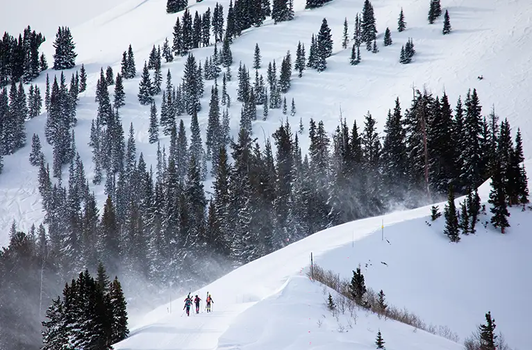 Skiers climbing Highland Bowl at the Power of Four Ski Mountaineering Race