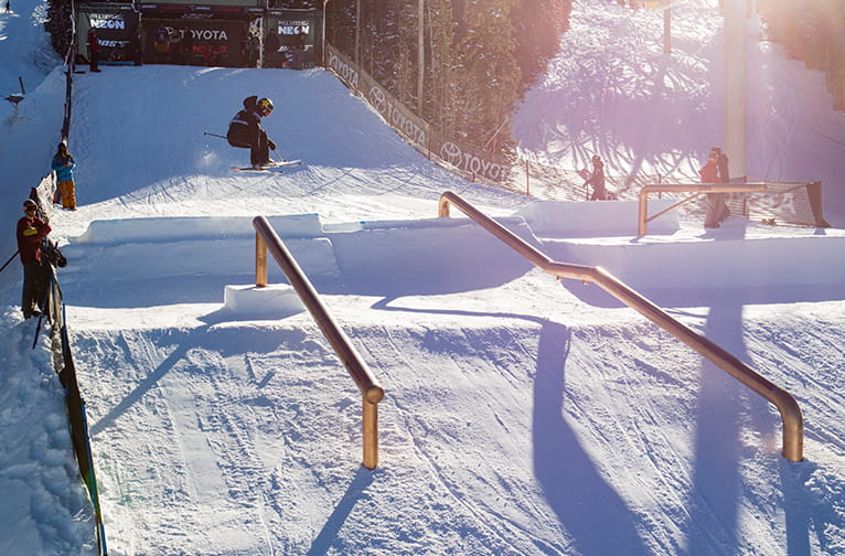 Skier in the slopestyle course at Buttermilk, part of 