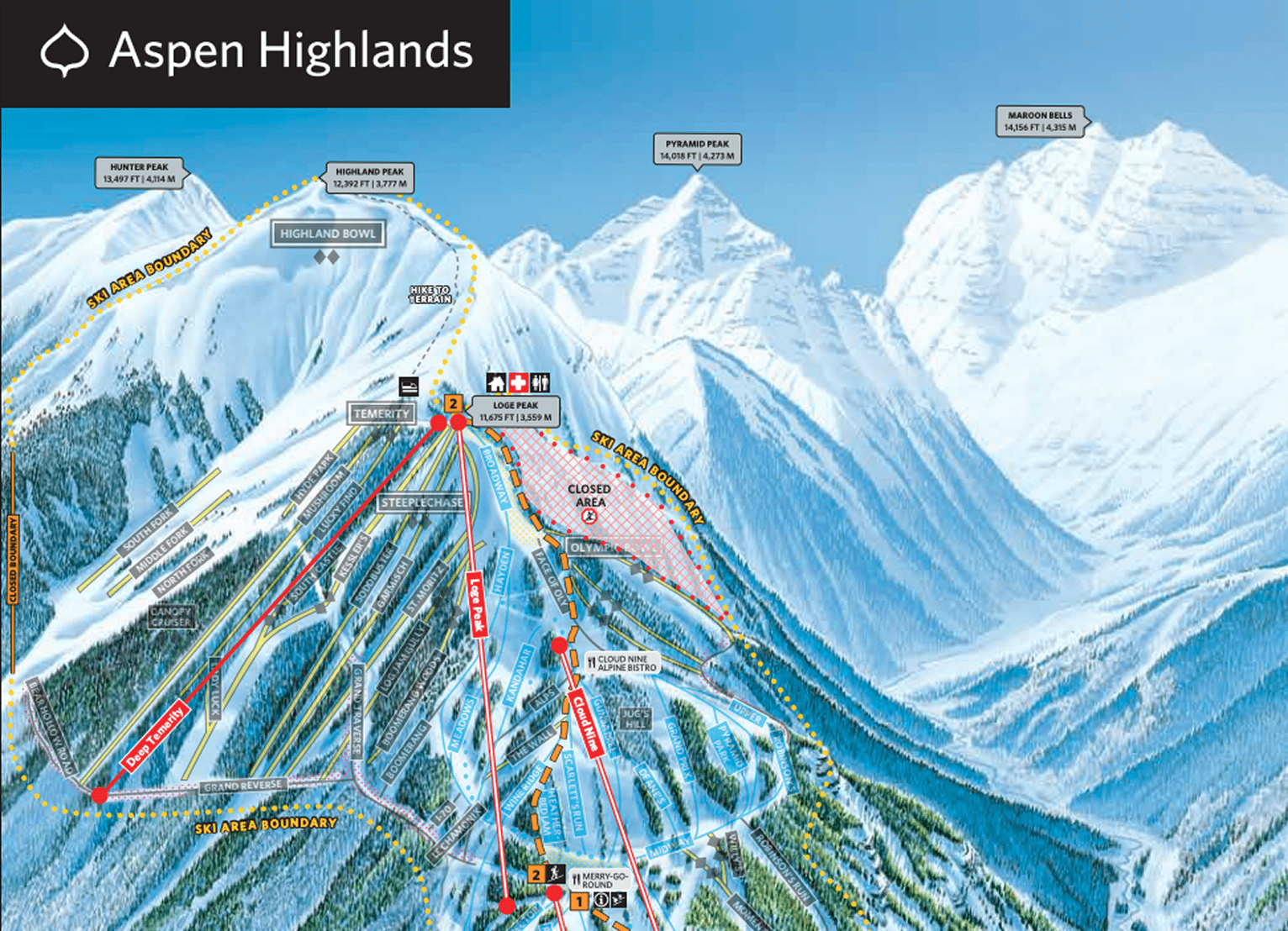 Aspen Highlands trail map designed for uphill routes