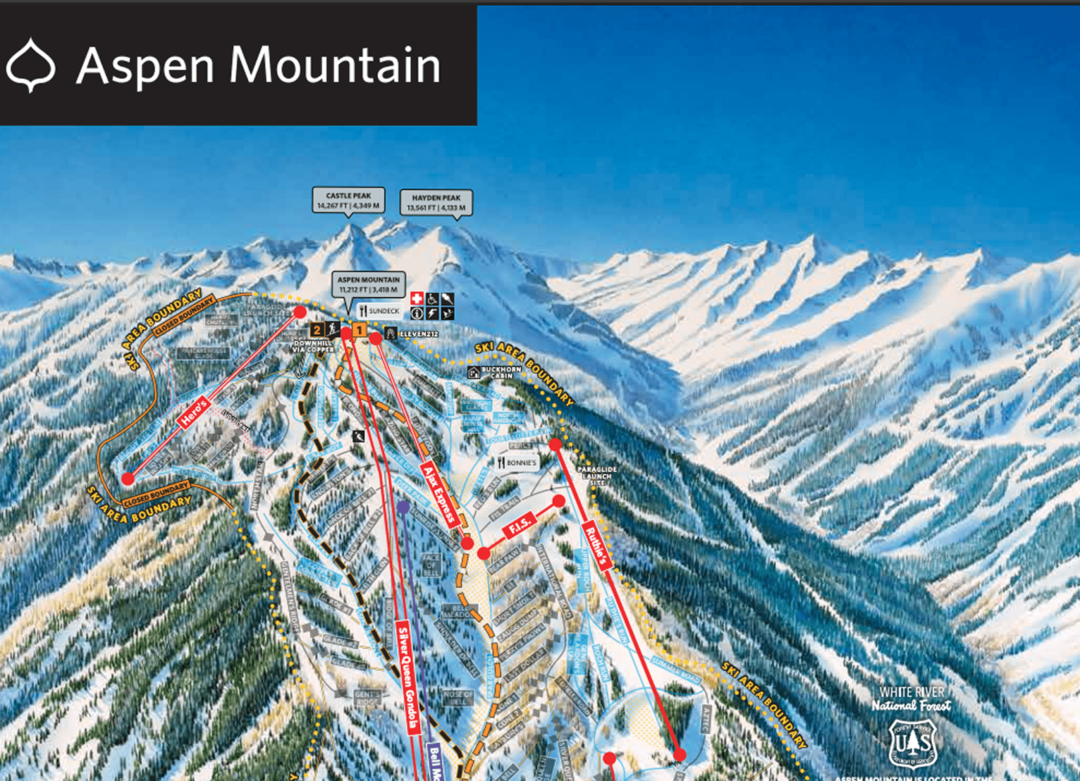 Aspen Mountain's trail map for uphilling routes for 25-26