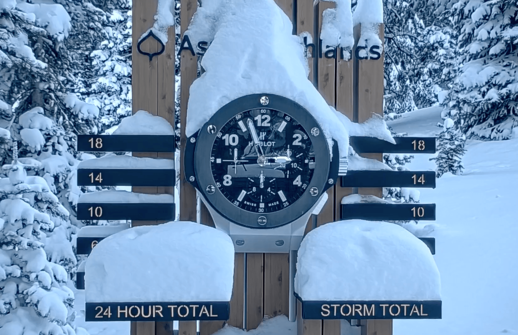 Aspen Highlands snow stake, snowy trees in the background with snow piled on stake to the 8 inch mark