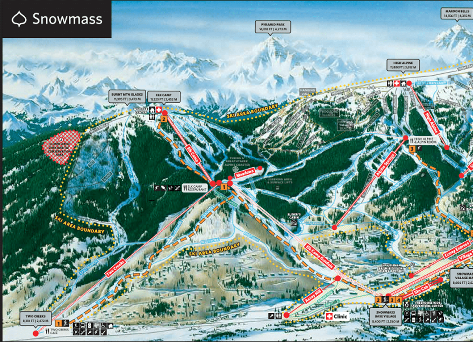 Mountain map for Snowmass Ski Resort's Uphill skier routes