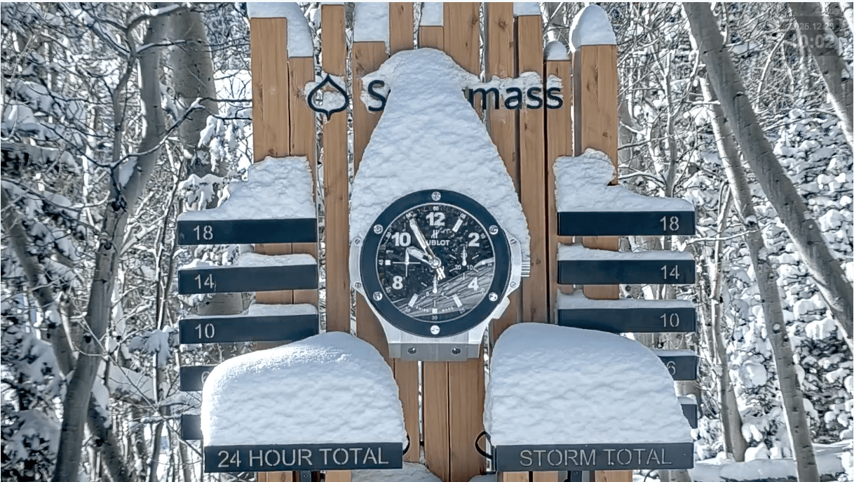 Snowmass snow stake, snow piled on the stake and clock, showing 8 inches of snowfall