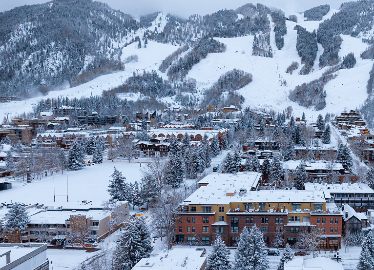 Aerial view of Limelight Aspen in the winter