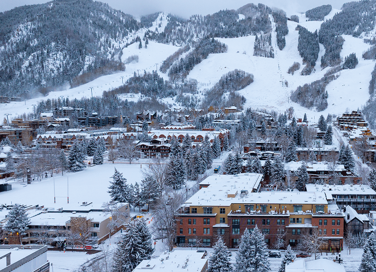 Aerial view of Limelight Aspen and the town