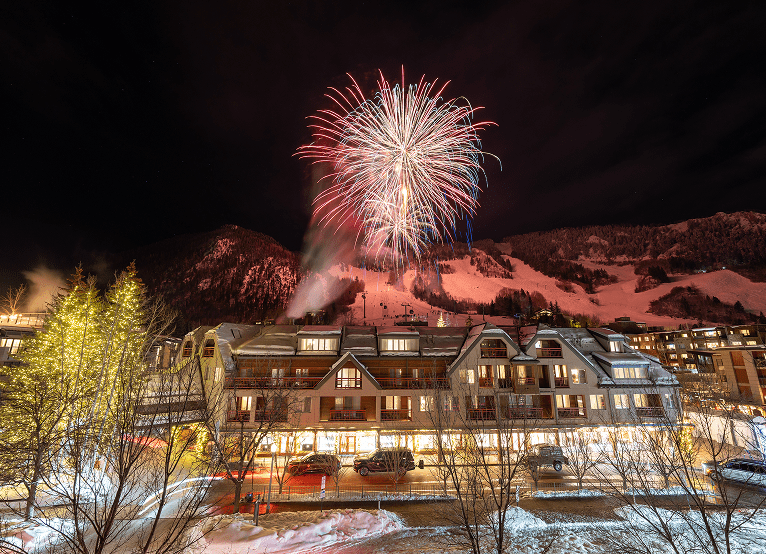 Fireworks over The Little Nell during Aspen's new years eve celebration