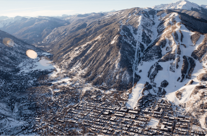 Aerial view of Aspen Mountain, with town nestled at base