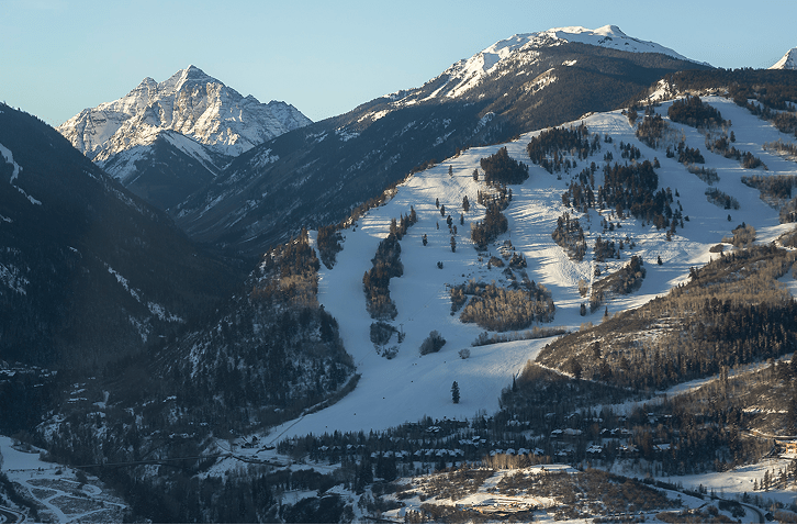 Buttermilk ski resort from above, on a snowy day