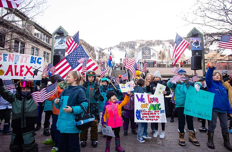 Olympic send off in Aspen Gondola Plaza