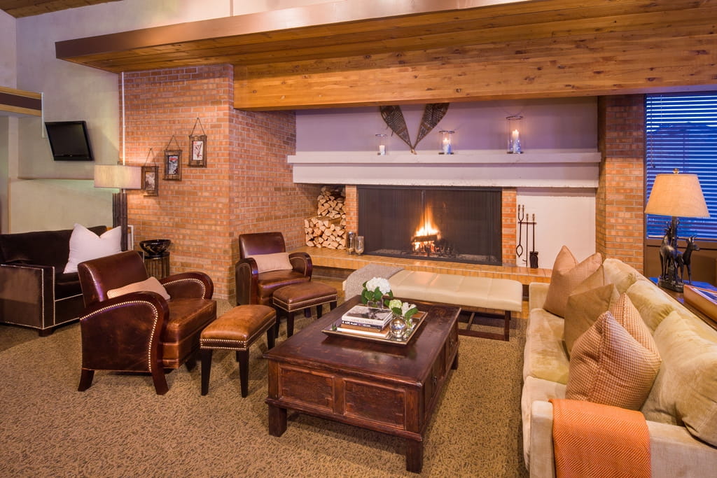 Cozy lobby with wood burning fireplace