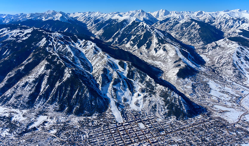 Aerial view of Aspen Mountain and downtown Aspen. 