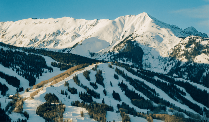 Snowmass from above, ski runs covered in snow and fresh blue sky above