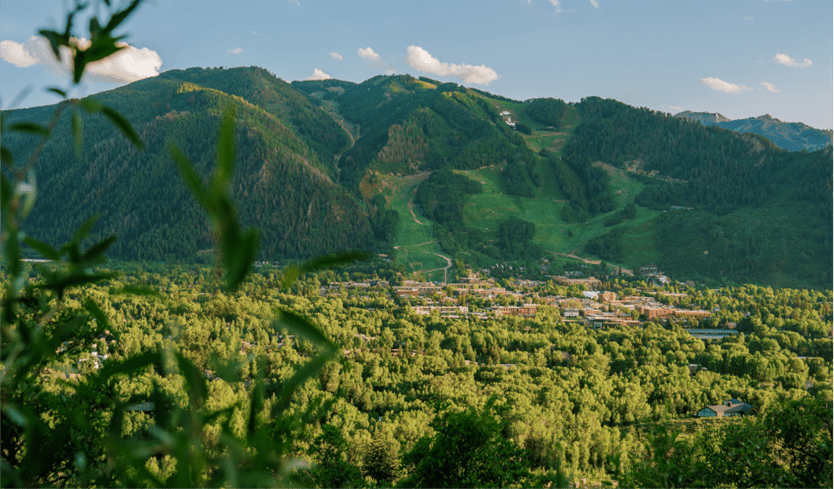 The town of aspen mountain from afar, covered in green trees on a summer day