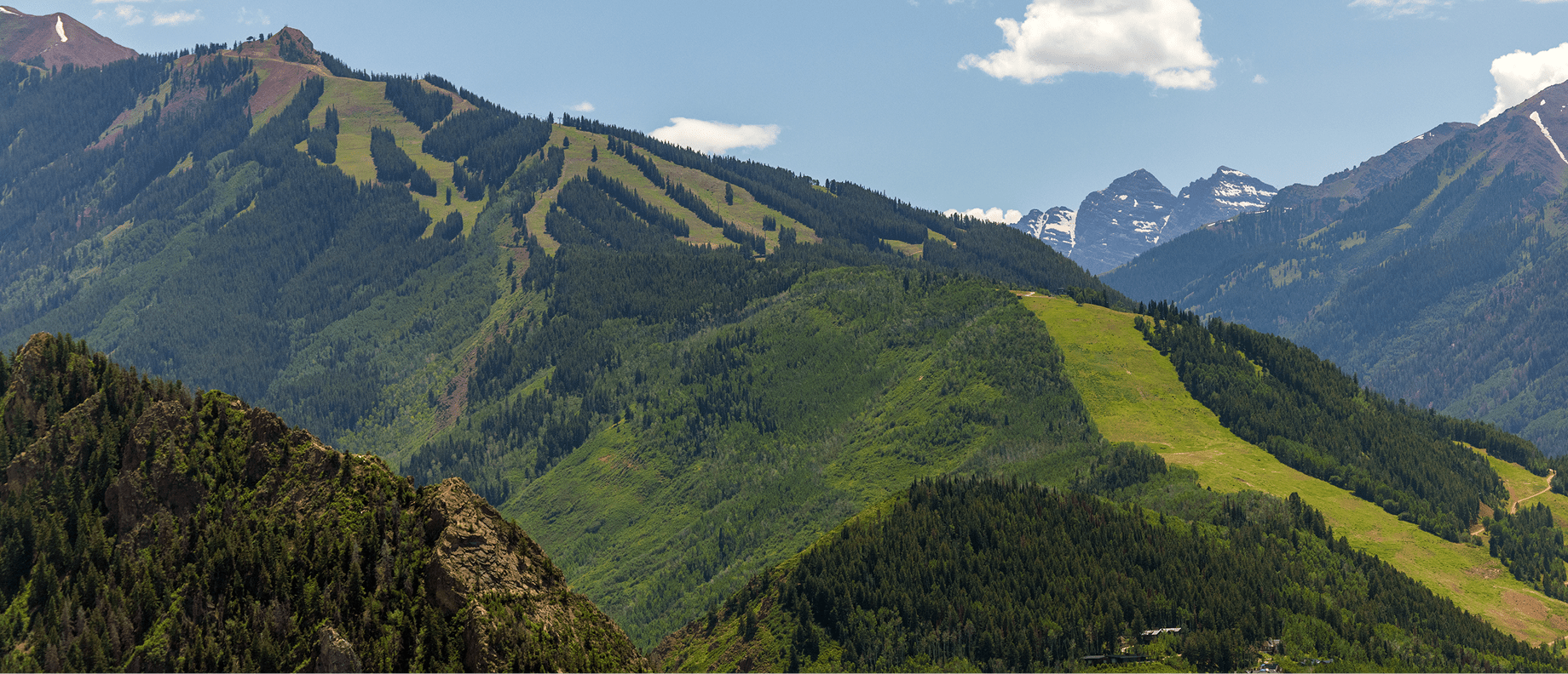 Long shot of the main run from top to bottom on Aspen Highlands, during the summer months
