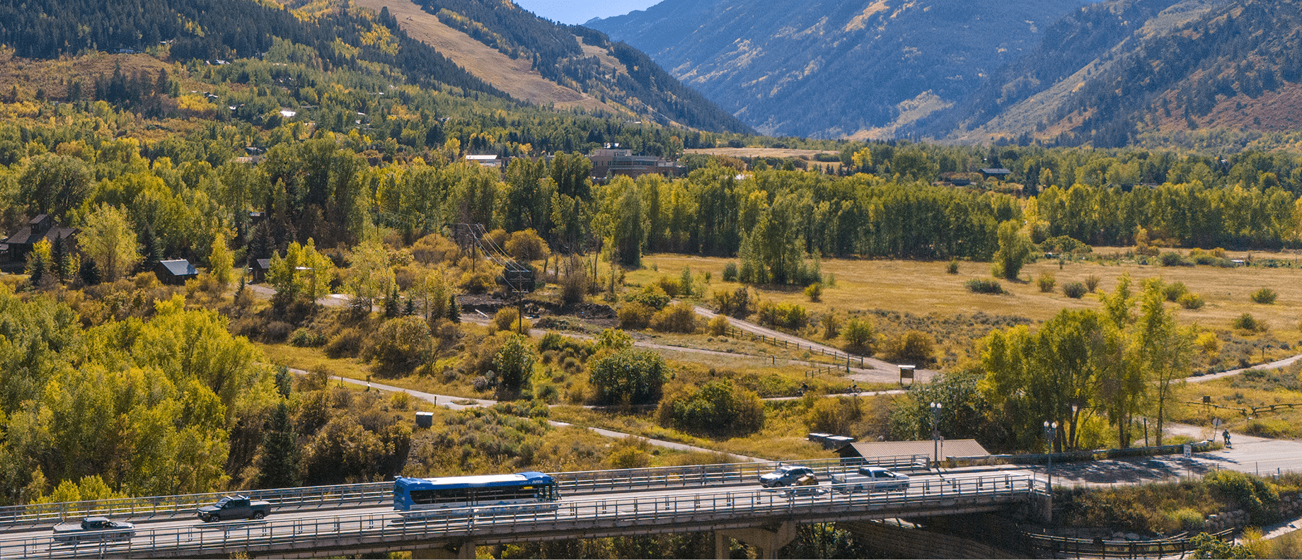 fall in the roaring fork valley, green trees with pops of orange and yellow