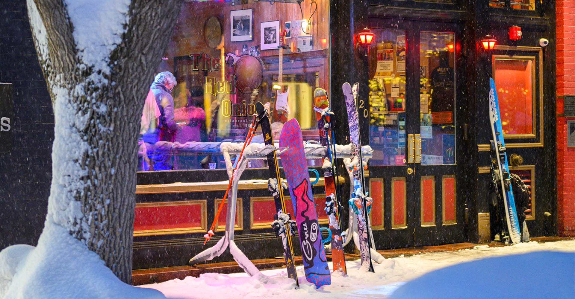 Skis outside a locals favorite shop and restaurant