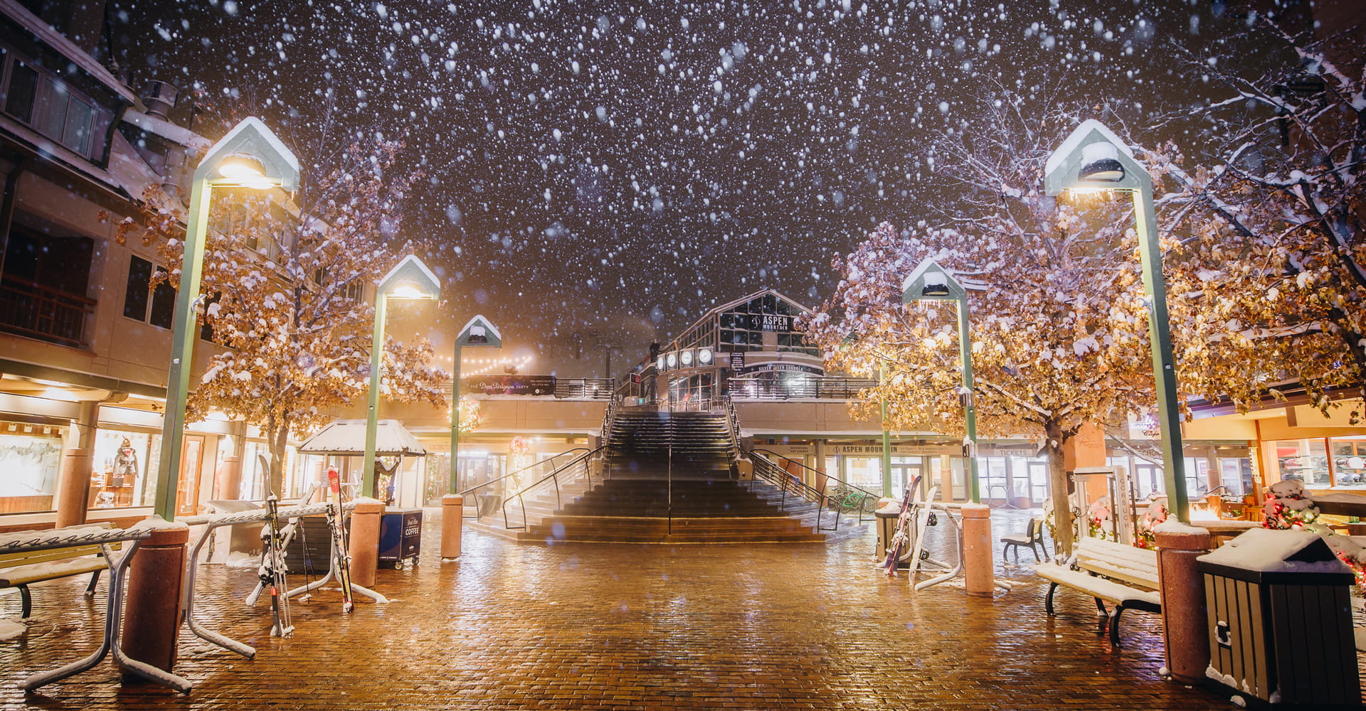 Snow descends on Aspen Mountain's Silver Queen Gondola plaza