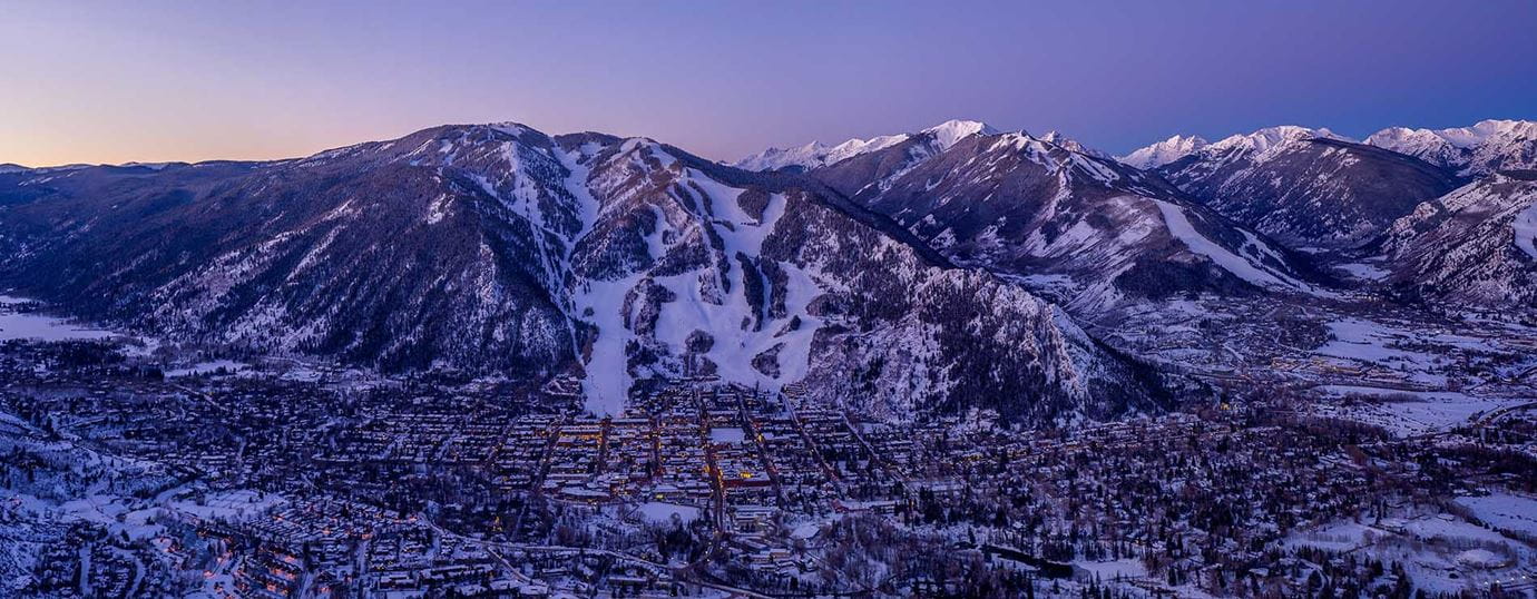 Aspen mountain at sunset in Aspen Colorado. 