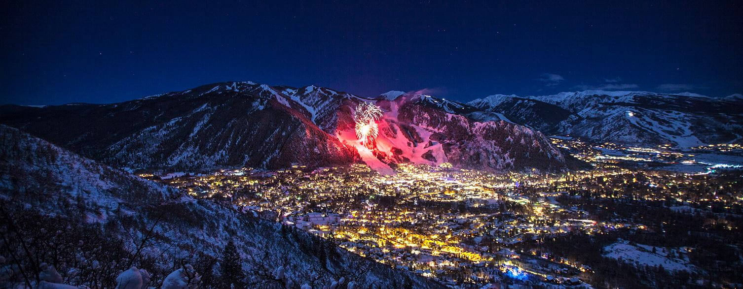Overlooking Aspen Colorado during a New Years eve firework show.