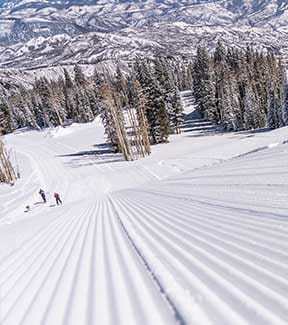 Fresh corduroy with skiers at the bottom of a long run in Snowmass Colorado.